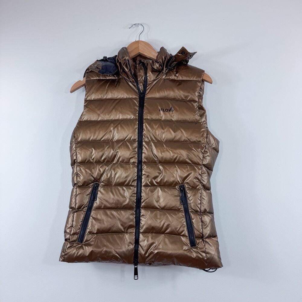 Puffer Vest Size Small Goose Down Winter Metallic Gold Apres Ski Packable Hooded